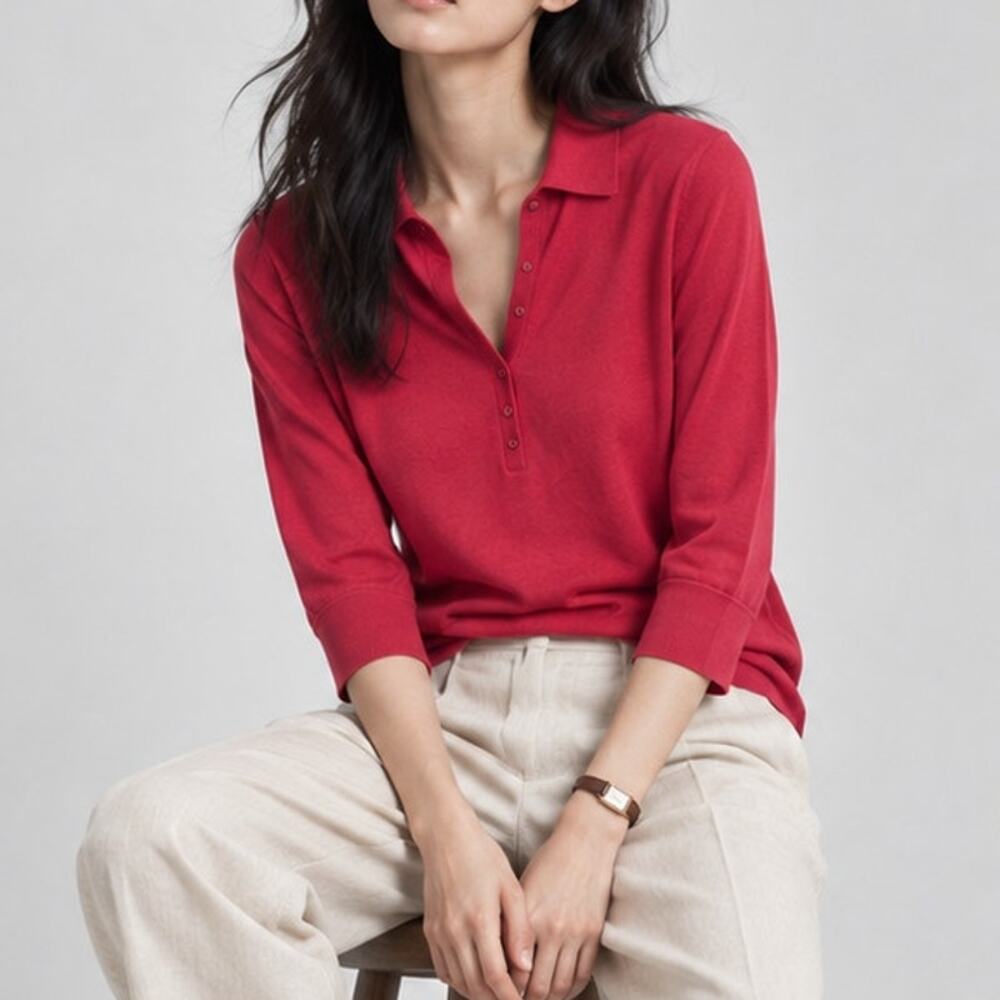Loro Piana Silk Cotton Polo Top Womens 40 S Red Collared 3/4 Sleeve Relaxed